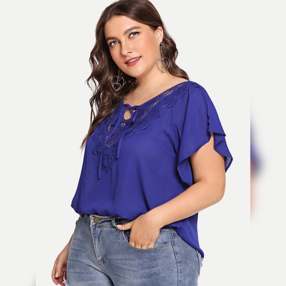 SHEIN Plus Women's Royal Blue Flutter Sleeve Lace Appliqué Tie Neck - Picture 2 of 5